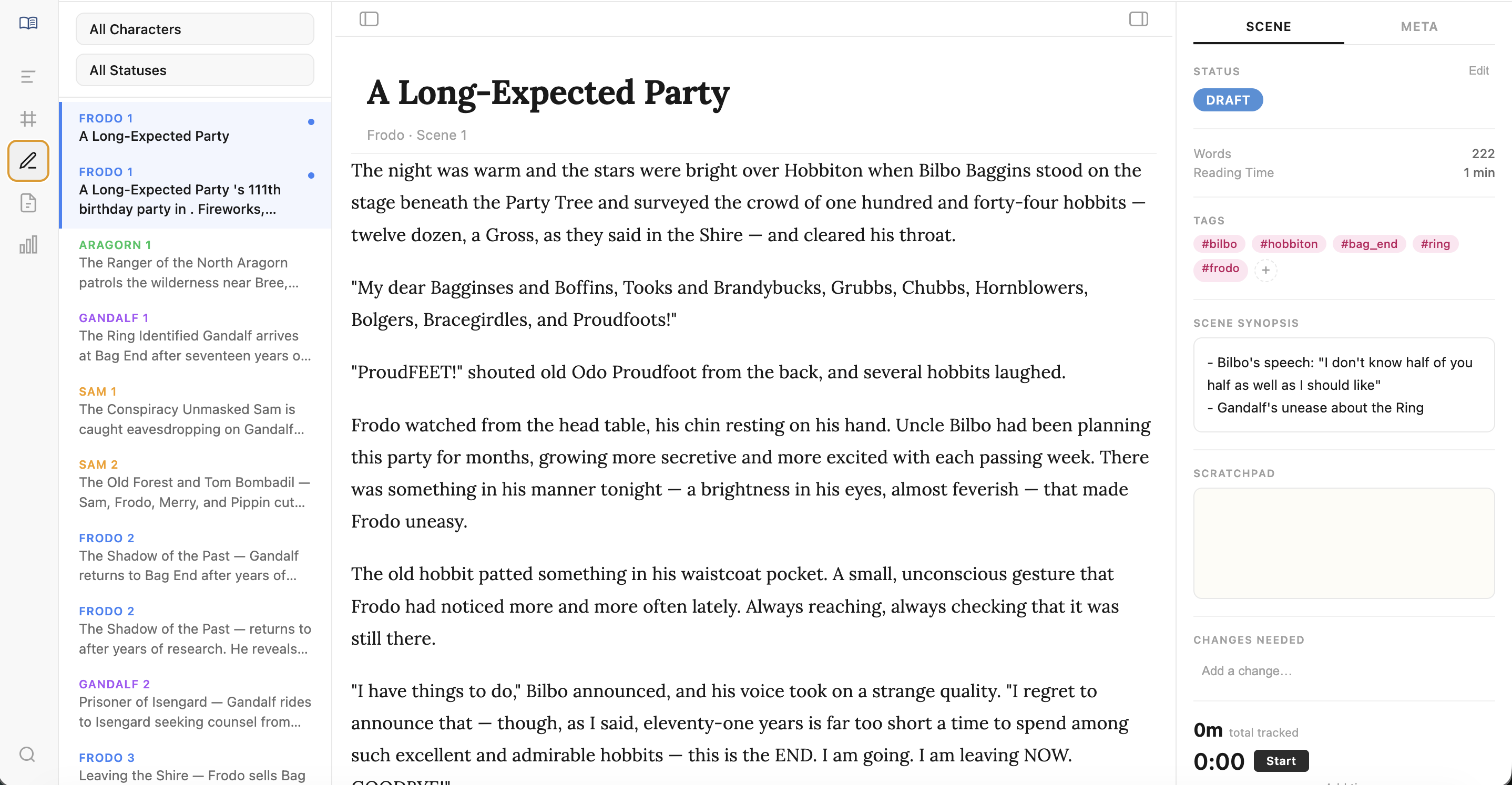 Braidr Editor View — three-panel writing interface with scene navigator, rich text editor, and properties sidebar